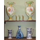 A PAIR OF POTTERY TWIN HANDLES VASES, a trio of liqueur glasses, an art glass sculptural form &
