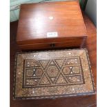 A MAHOGANY SMALL SIZE WRITING SLOPE together with a Middle Eastern inlaid box