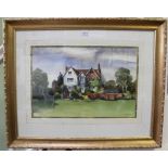 A WATERCOLOUR OF AN EXPENSIVE DETACHED HOUSE in its own grounds, signed Houghton, decoratively