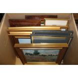 A BOX CONTAINING A SELECTION OF DECORATIVE PICTURES & PRINTS, various