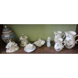 A SHELF FULL OF COLLECTABLE DOMESTIC POTTERY to include a trio of Coronation jugs, Royal Worcester