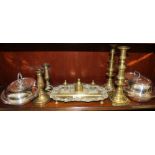 A SELECTION OF DOMESTIC METALWARES, to include silver plated serving dishes, brass desk stand,