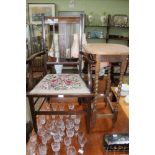 A BARLEY TWIST LEG OAK OCCASSIONAL TABLE together with an inlaid mahogany finished armchair with