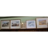 FIVE GLAZED & FRAMED MILITARY THEMED PRINTS including 'The Convoy' by Peter Archer & two signed