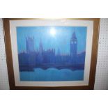 A PAINTING OF THE HOUSES OF PARLIAMENT bearing the name of Dewar, in plain double mount & gilt frame