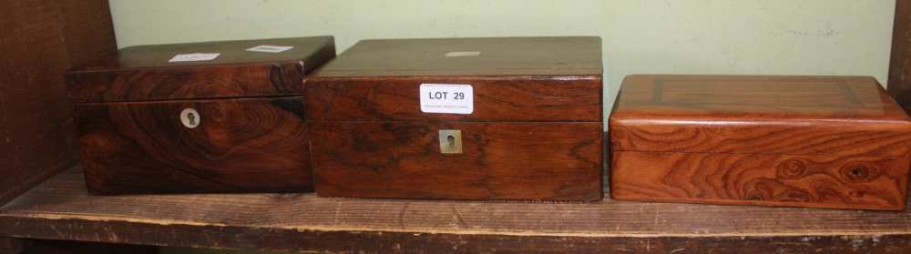 THREE WOODEN BOXES, various to include 19th century Rosewood