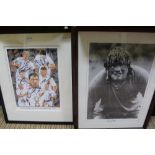 TWO COLLECTABLE GLAZED & FRAMED RUGBY THEMED PRINTS with autographs