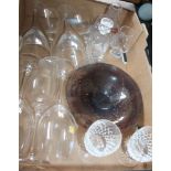 A BOX CONTAINING A SELECTION OF GLASSWARE, various to include a modernist aventurine bowl