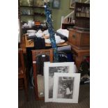A SELECTION OF DECORATIVE PRINTS, wooden framed bevel plate mirror & a modern fishing rod