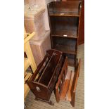 A SLENDER OAK BOOKCASE together with two magazine racks