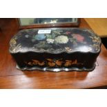 A 19TH CENTURY JENNENS & BETTRIDGE DECORATED MOTHER OF PEARL VANITY BOX with part fitted interior