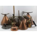 A COLLECTION OF 19TH / 20TH CENTURY COPPER BRASS WARE, to include; four copper brewery funnels,