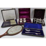A CASED SET OF FOUR SILVER PLATED & MOTHER OF PEARL KNIFE RESTS, together with other cases of