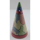 A ROYAL STAFFORDSHIRE POTTERY CLARICE CLIFF CONICAL SUGAR SIFTER, painted in a pastel palette,