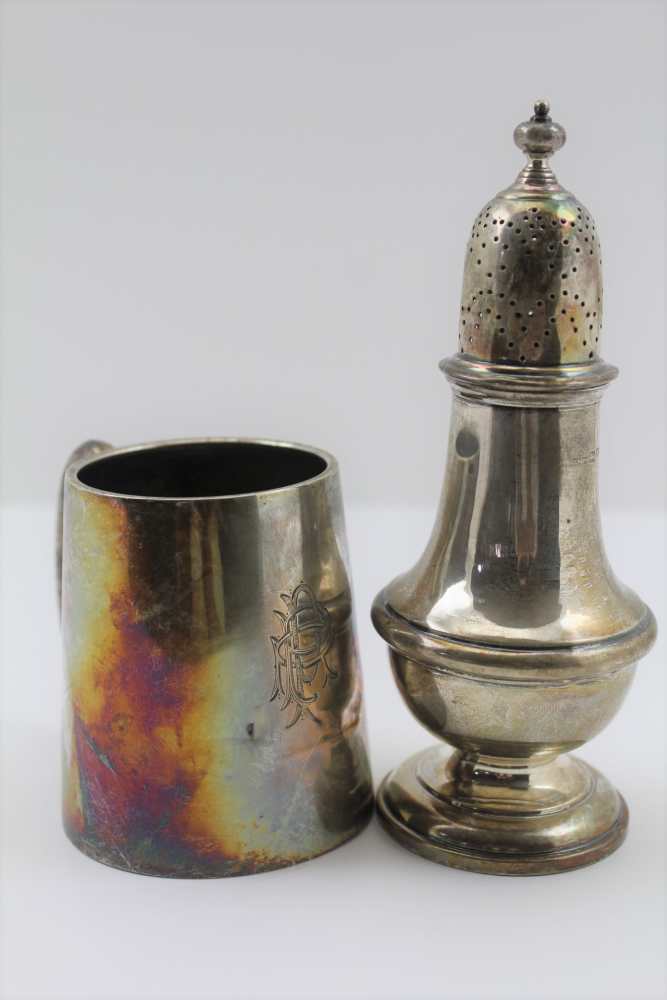 A GEORGIAN DESIGN SILVER SUGAR CASTER, of baluster form, Chester 1912, 15cm high, together with A