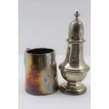 A GEORGIAN DESIGN SILVER SUGAR CASTER, of baluster form, Chester 1912, 15cm high, together with A
