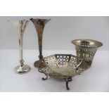 WILLIAM NEALE A PAIR OF EDWARDIAN SILVER VASES, of trumpet flute form, knop stems on circular loaded