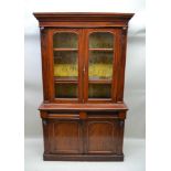 A VICTORIAN MAHOGANY BOOKCASE UNIT, having plain cornice, over two arch topped glazed cupboard