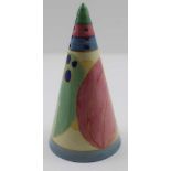 A ROYAL STAFFORDSHIRE POTTERY CLARICE CLIFF CONICAL SUGAR SIFTER, painted in a pastel palette,