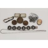 A QUANTITY OF COSTUME JEWELLERY to include; a silver framed cameo brooch, two silver bracelets,