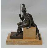 A LATE 19TH CENTURY BRONZE, depicting a classical warrior, wearing a plumed helmet, with spear,