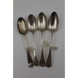FOUR GEORGE III SILVER TABLE SPOONS, various London assay years and makers, to include a 1796