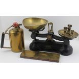 A SET OF BOOTS BRANDED KITCHEN SCALES, with brass pans and six weights, a brass CRIBBAGE BOARD,