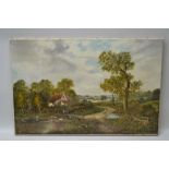 O.T. CLARK OIL ON CANVAS RURAL LANDSCAPE of a cottage by a duck pond, with mother & daughter walking