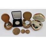 A QUANTITY OF ASSORTED ITEMS, to include; watch fobs, watch parts, coins, silver pendant, stud boxes