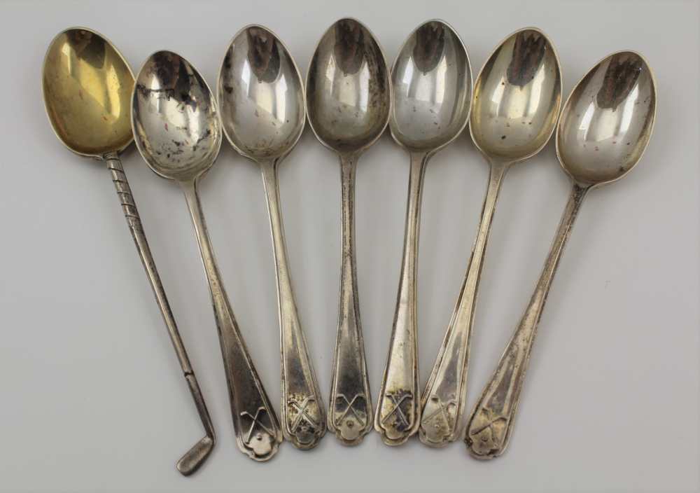 WALKER AND HALL A SET OF SIX SILVER GOLFING INTEREST COFFEE SPOONS, each handle having crossed