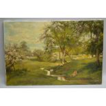 L. KERSH A 20TH CENTURY OIL ON CANVAS STUDY, of a man fishing by a stream with sheep, in a woodland,