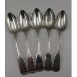 ROBERT NAUGHTEN A SET OF FIVE SOUP / TABLE SPOONS, fiddle pattern, monogrammed "M", Edinburgh