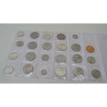 TWENTY TWO VARIOUS SILVER COINS including; 1889 Victorian crown, 1934 UK coinage, 1937-1948 half