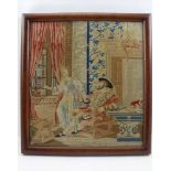 A 19TH CENTURY WOOLWORK TAPESTRY PANEL, depicting Elizabethan figures interior scene, 38cm x 34cm,