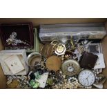A QUANTITY OF COSTUME JEWELLERY, pocket watches, "Bella" bracelet watch straps in original boxes