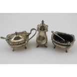 J.B. CHATTERLEY & SONS LTD A GEORGIAN DESIGN SILVER CONDIMENT SET, comprising; pepper pot, lidded