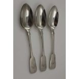JOHN JAMES WHITING THREE MID 19TH CENTURY SILVER SOUP / TABLE SPOONS, fiddle pattern, the handles