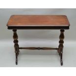 A VICTORIAN MAHOGANY CENTRE TABLE, having plain rectangular top, on two turned baluster uprights,