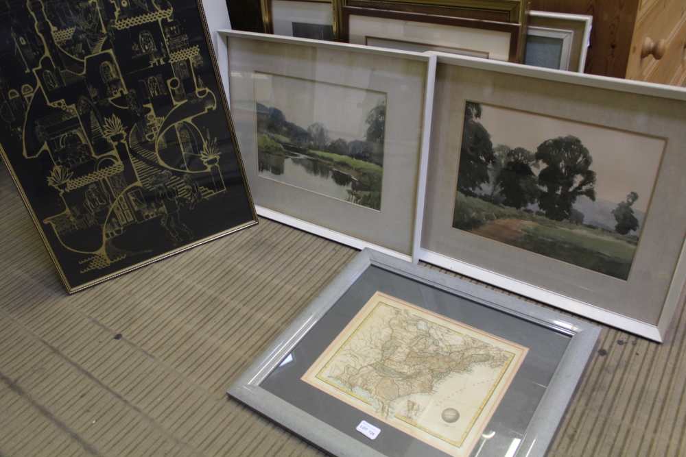 A FRAMED MAP OF EASTERN AMERICA, two watercolour landscapes by P.R. Hipkiss, and an interesting