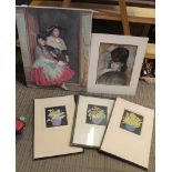 TWO ORIGINAL FEMALE PORTRAIT PICTURES together with three floral Art Deco prints by Hall Thorpe