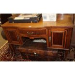 A 19TH CENTURY MAHOGANY SIDEBOARD with inlaid satinwood stringing, having plain upstand, over
