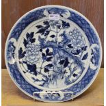 AN EARLY 20TH CENTURY PROBABLY JAPANESE HAND-PAINTED BLUE & WHITE PORCELAIN DISH depicting two