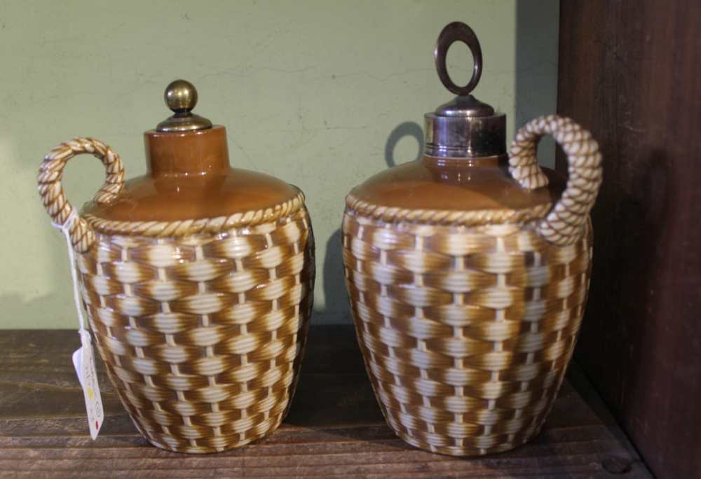 TWO LATE 19TH CENTURY "TAYLOR TUNNICLIFF & CO" POTTERY WHISKY FLAGONS of moulded basket weave