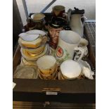 A BOX CONTAINING A GOOD SELECTION OF DOMESTIC POTTERY, PORCELAIN ETC.