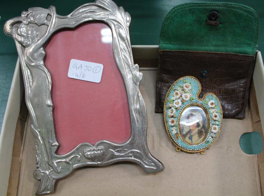 A CAST METAL ART NOUVEAU DESIGN PHOTO FRAME, together with an Italian micro mosaic frame, in the