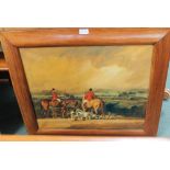 AN OIL ON CANVAS HUNTING SCENE initialled "DR" in plain mahogany finished frame