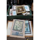A BOX CONTAINING A SELECTION OF MIRRORS, DECORATIVE PICTURES & PRINTS VARIOUS