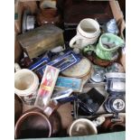 A BOX CONTAINING A LARGE SELECTION OF DOMESTIC COLLECTABLES to include; bike lamps, beer steins etc.