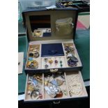 A BLUE JEWELLERY BOX CONTAINING COSTUME JEWELLERY VARIOUS