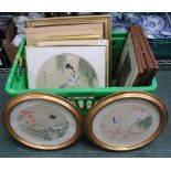 A PLASTIC CRATE CONTAINING A LARGE SELECTION OF DECORATIVE PICTURES & PRINTS